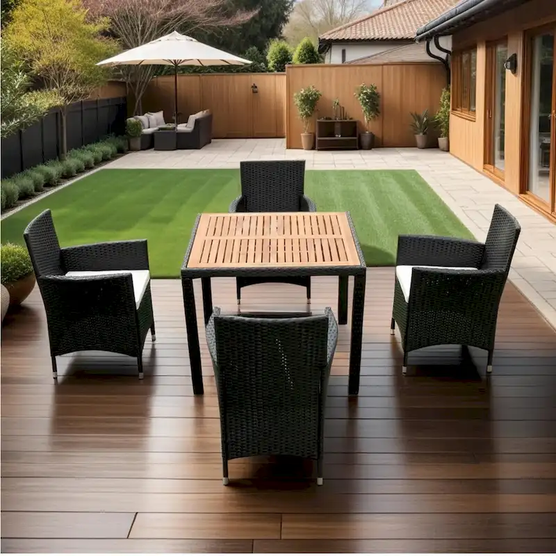 EELIFEE 5 piece Outdoor Patio Wicker Dining Set Patio Wicker Furniture Dining Set w/Acacia Wood Top Black Wicker + Creme Cushion
