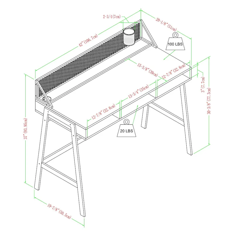 Industrial Writing Desk with Mesh Back - 42 Wide