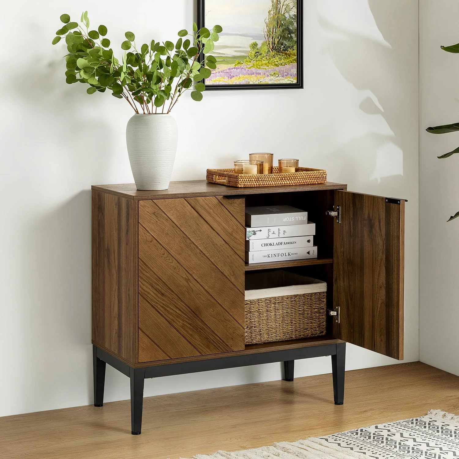 32 in Herringbone 2-Door Accent Cabinet with Adjustable Shelves & Black Metal Legs | Walnut | Single