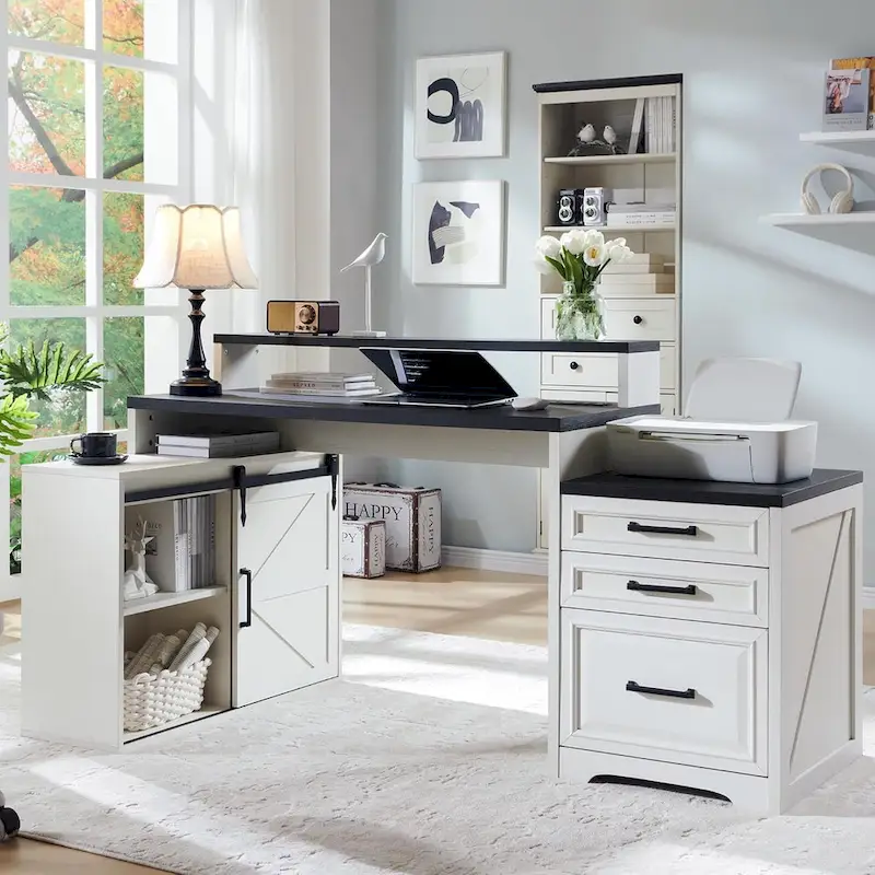 Modern Farmhouse Home Office Desk, Computer Desk with File Cabinet