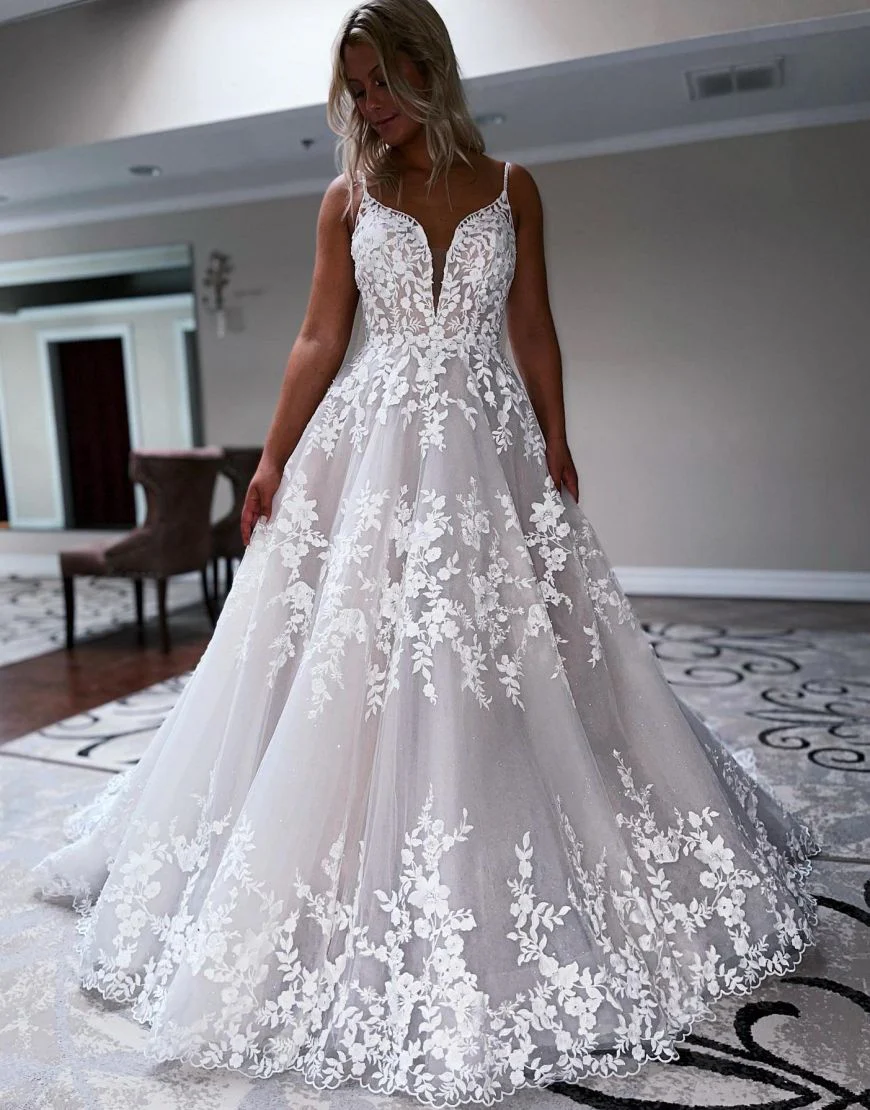 A-Line Sweep Train Deep V-Neck Wedding Dress With Appliques