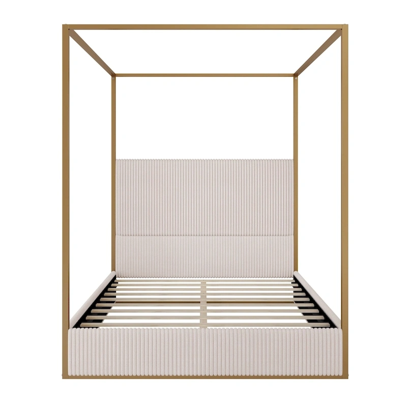 Modern Luxury Metal Canopy Bed with Tall Upholstered Headboard & Four Poster