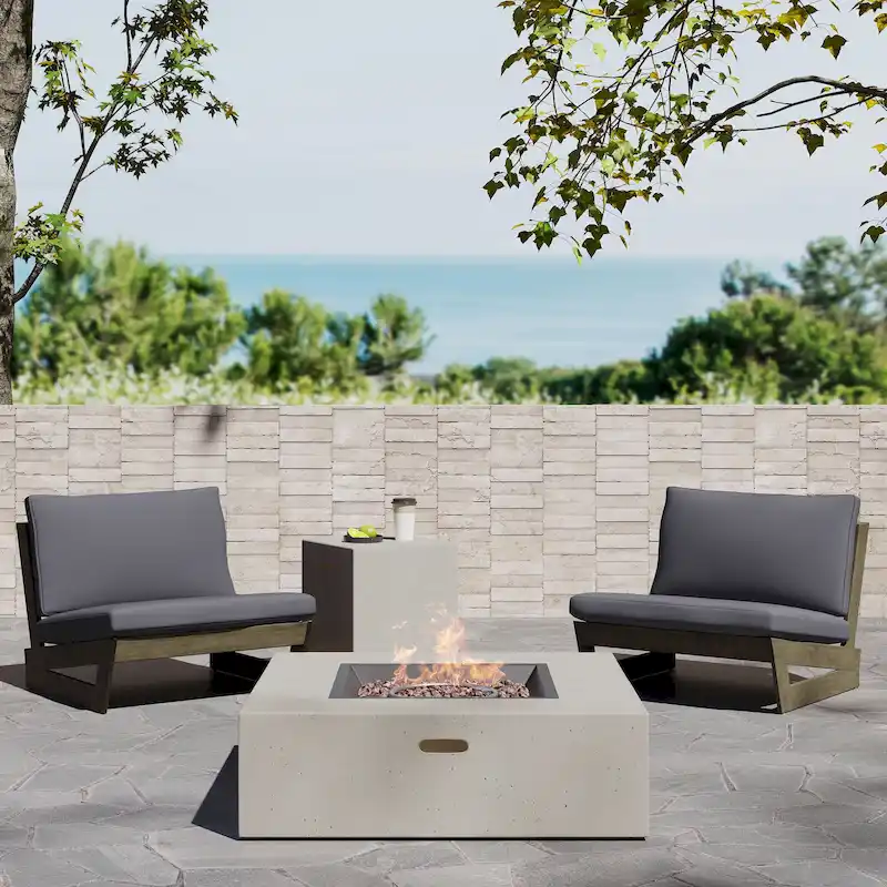 Sherwood Acacia Wood Outdoor Lounge Chairs and 50,000 BTU Square Propane Fire Pit by Christopher Knight Home