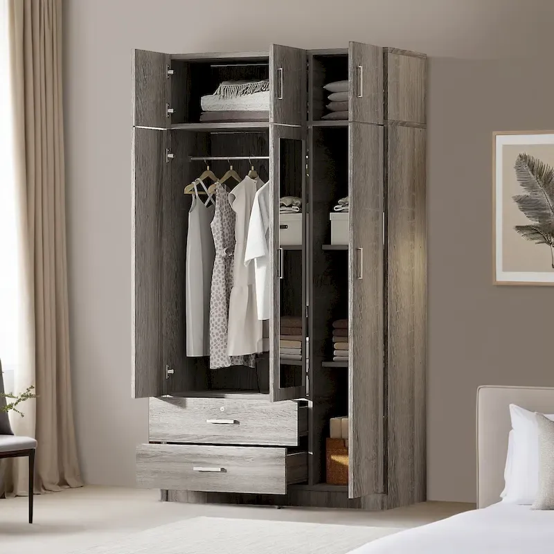3-Door Mirror Wardrobe with 2 Drawers and Top Cabinet