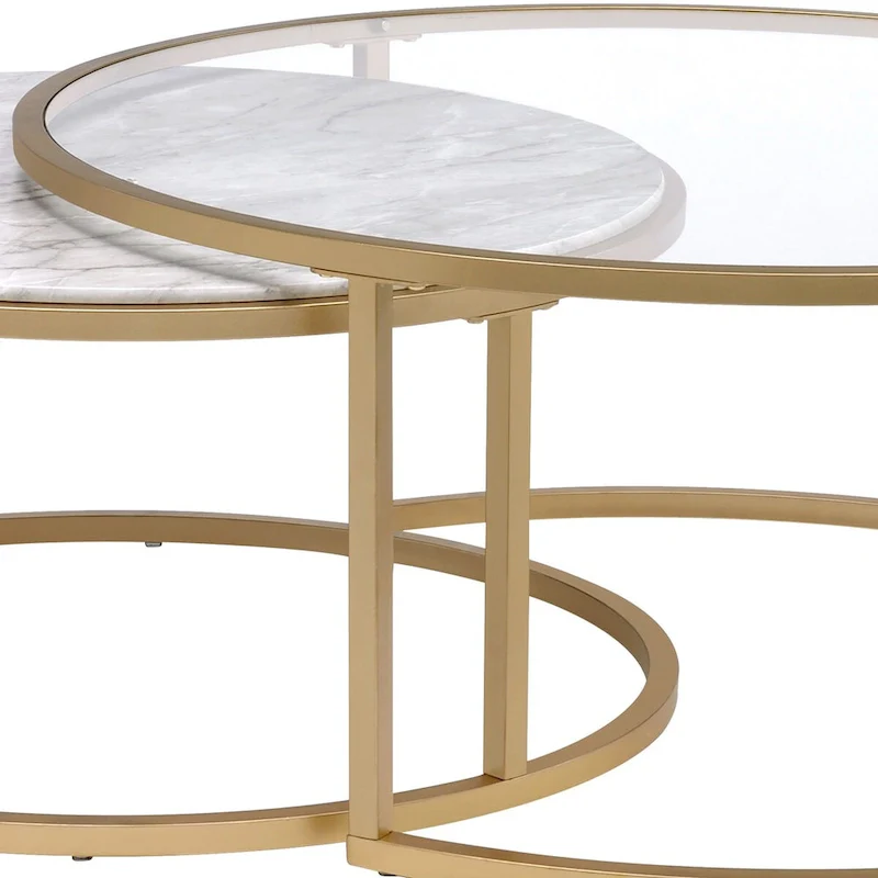 Metal Framed Nesting Coffee Tables with Glass and Marble Tops, Set of Two, Gold - 15.75 H x 36 W x 36 L Inches