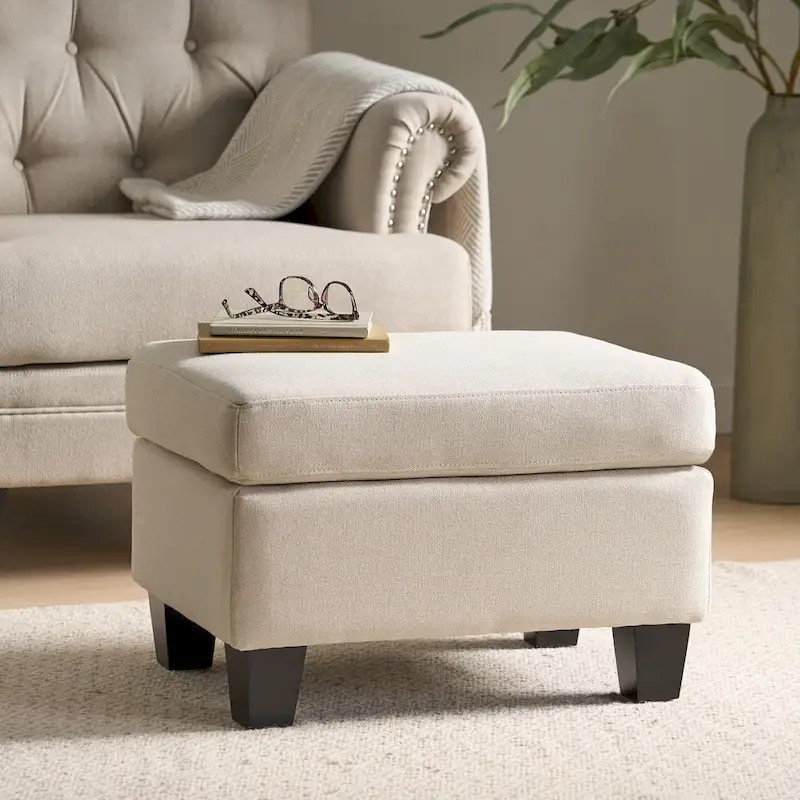 Upholstered Fabric Ottoman with Birch Wood Legs