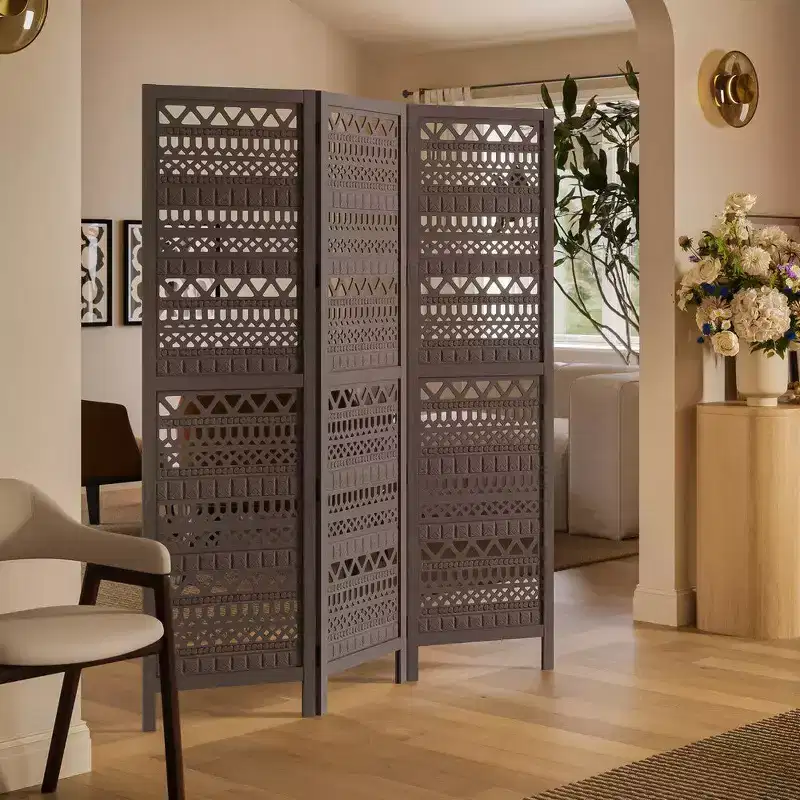 Royal Hampton 3 Panel Folding Mango Wood with Inticate Cut out Geometric Design Room Divider Screen
