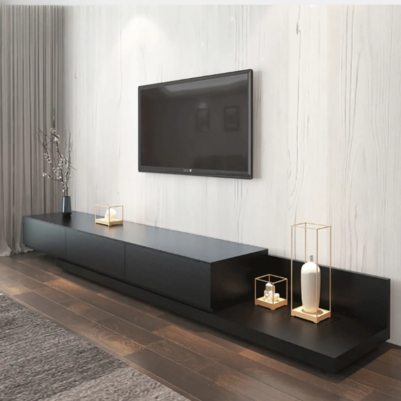 Living Room Wood Side Shelf  Black Rectangular TV Stand