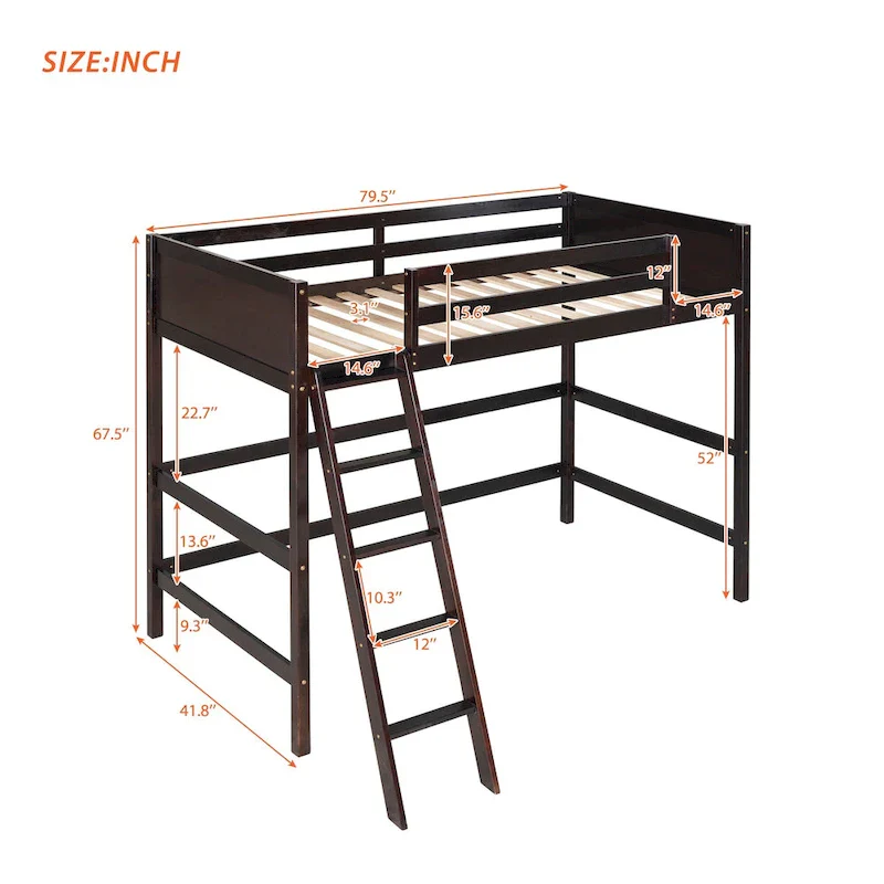 Espresso Twin Solid Wood Loft Bed with Ladder & Fence