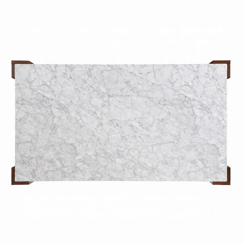 Dining Table, 72 Inch White Rectangular Faux Marble Top, Brown Wood