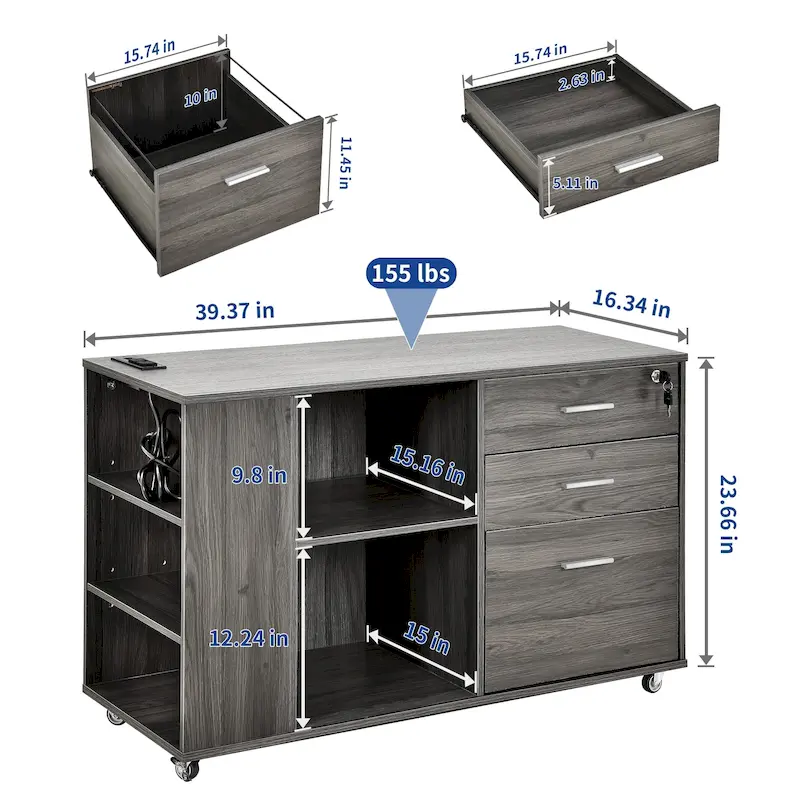Brown Mobile Wood Lateral File Cabinet with Charging Station & Lock