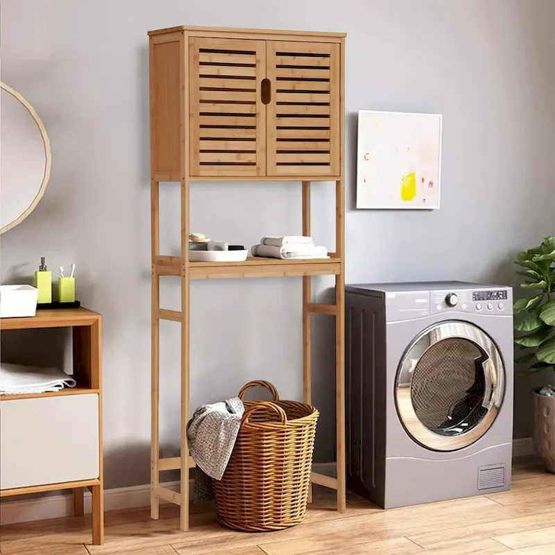 Bamboo Over-The-Toilet Organizer Cabinet | Freestanding Bathroom Storage Shelf with Doors & Shelves
