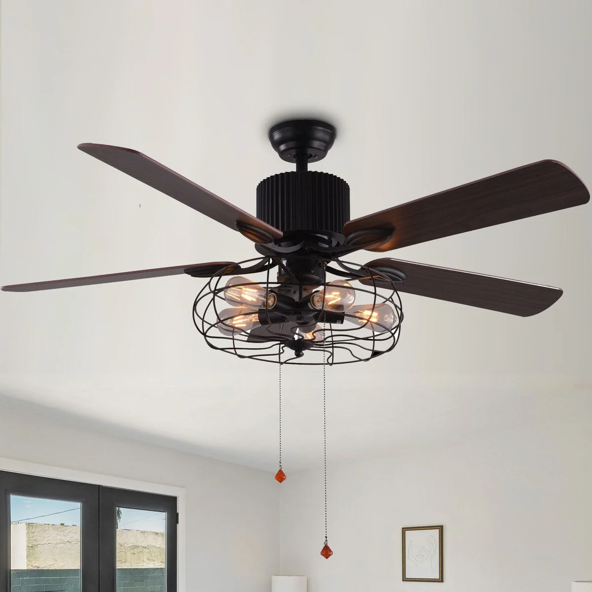 CurveCurio Farmhouse Industrial 5-Light Black Cage Ceiling Fan with Light, Remote Control and Pull Chain 42-48-52 inches