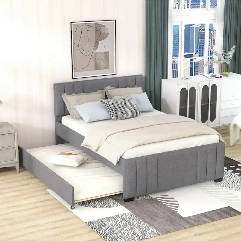 Full Platform Bed with Trundle - Grey Linen