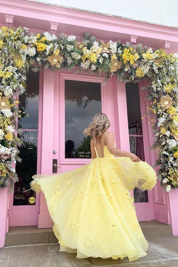Straps Tulle Bodice 3D Flowers With Back Lace Up Yellow Prom Dress