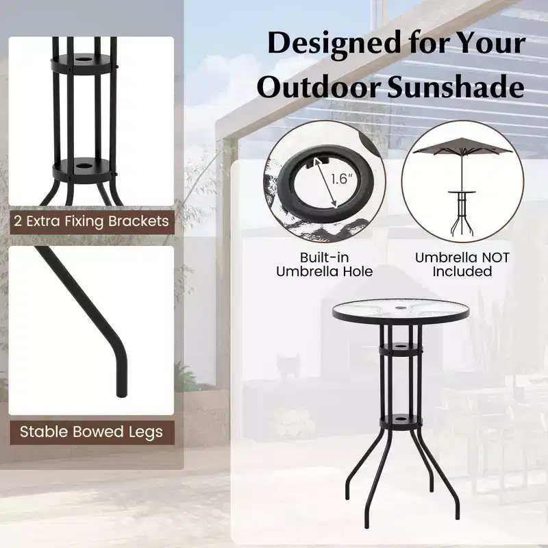 Costway 3PCS Patio Bistro Set Folding Chairs Round Bar Table with 1.6'' Umbrella Hole Yard