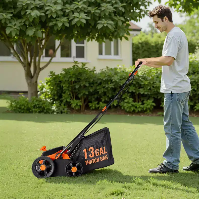 VEVOR 2-in-1 Electric Dethatcher and Scarifier, 13-Inch 13 Amp, with 13-Gallon Thatch Collection Bag, 5-Position Depth Adjustment, Orange&Black