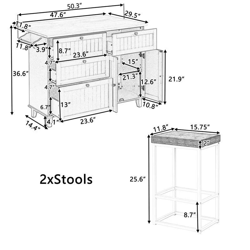 Natural Wood Kitchen Island with Drop Leaf - 2 Stools