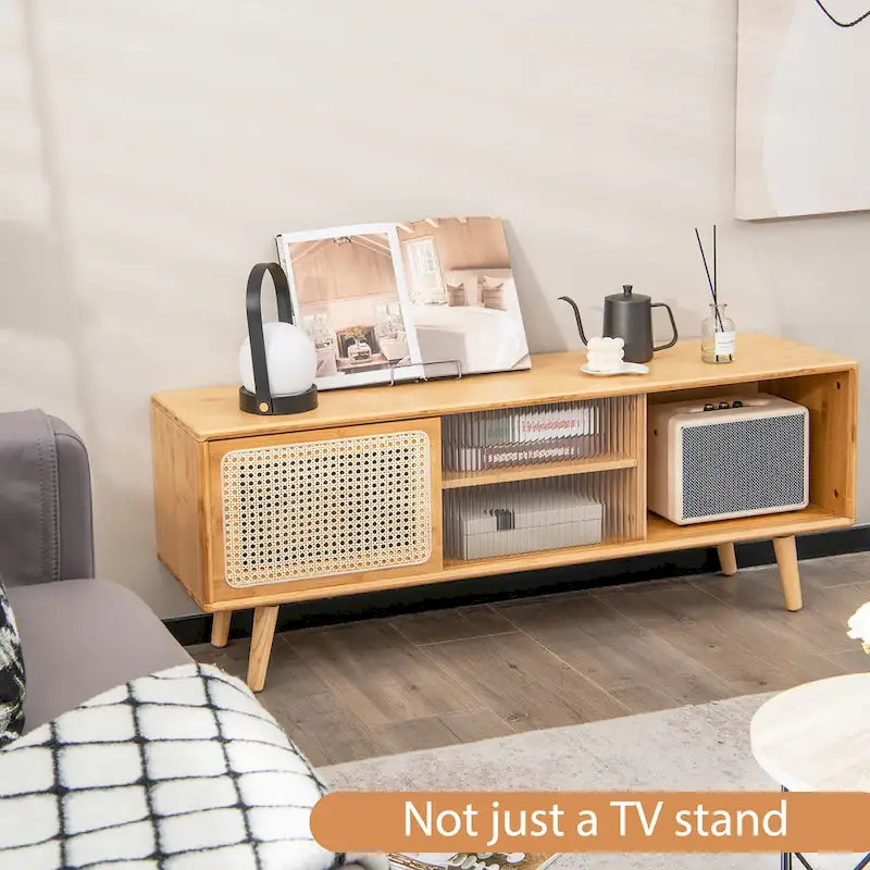 Mid-Century TV Stand with Rattan Sliding Doors, Brown/Natural, 47.5