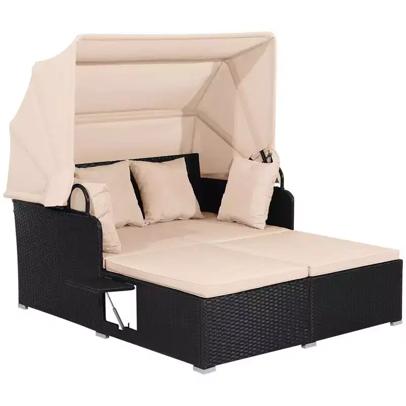 Costway Patio Rattan Daybed Lounge Retractable Top Canopy Side Tables Cushions Off White/Red/Turquoise/Beige