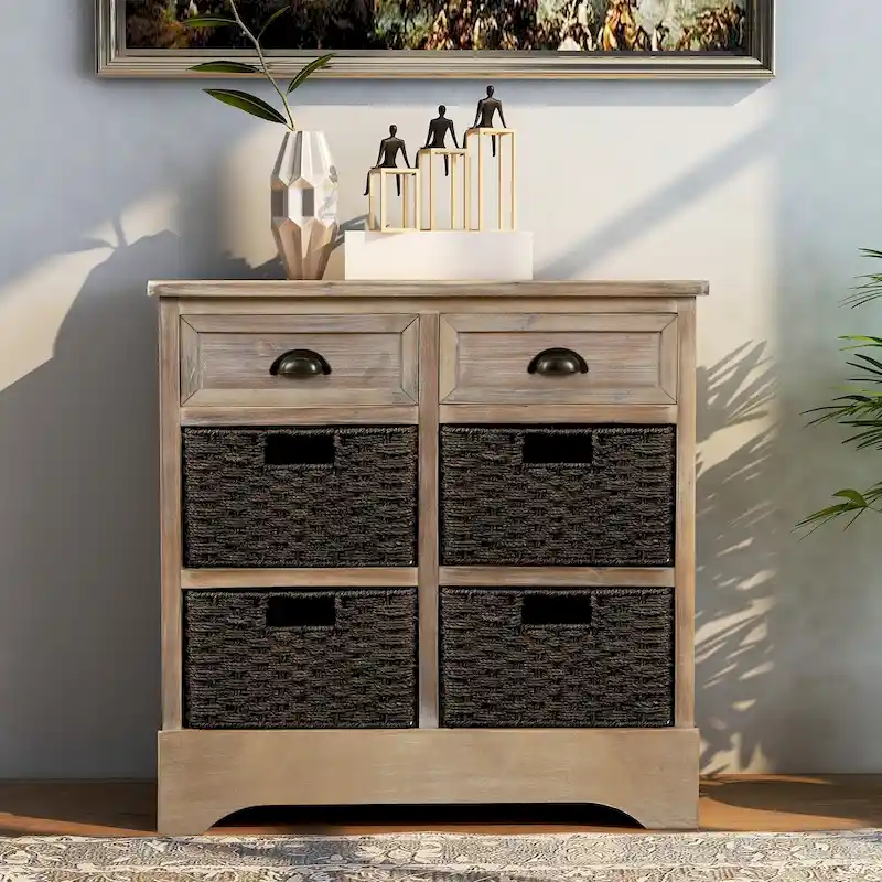 Solid Wood Storage Cabinet with Two Drawers and Four Rattan Basket No Assembly