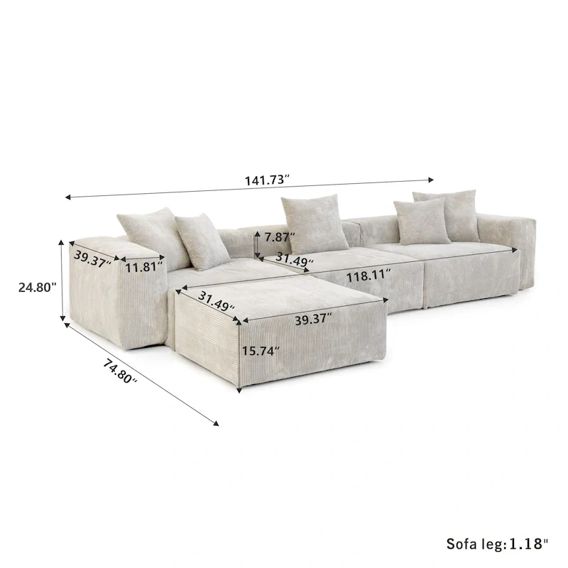 L Shaped Modern Sectional Couch Sofa with 5 Pillows and Chaise Ottoman, Cushion Covers Removable