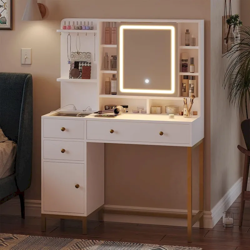 Makeup Vanity Desk with Lighted Mirror, Drawers and Charging Station – White / Black, Single