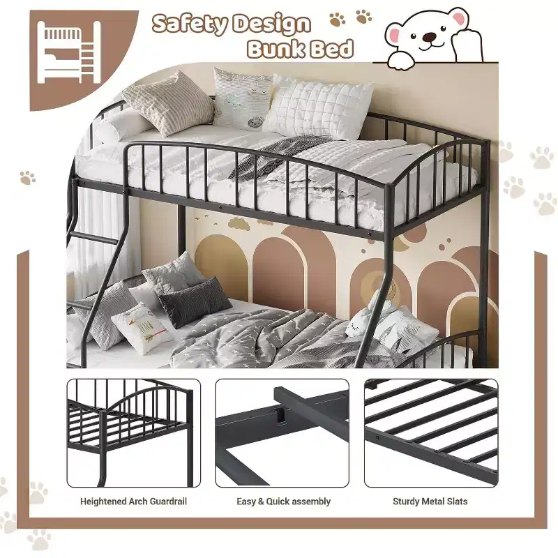 Twin Over Full Metal Bunk Bed, Space Saving Heavy Duty Steel Frame With Arched Guardrail And Ladder, Easy Assembly, No Box Spring Needed