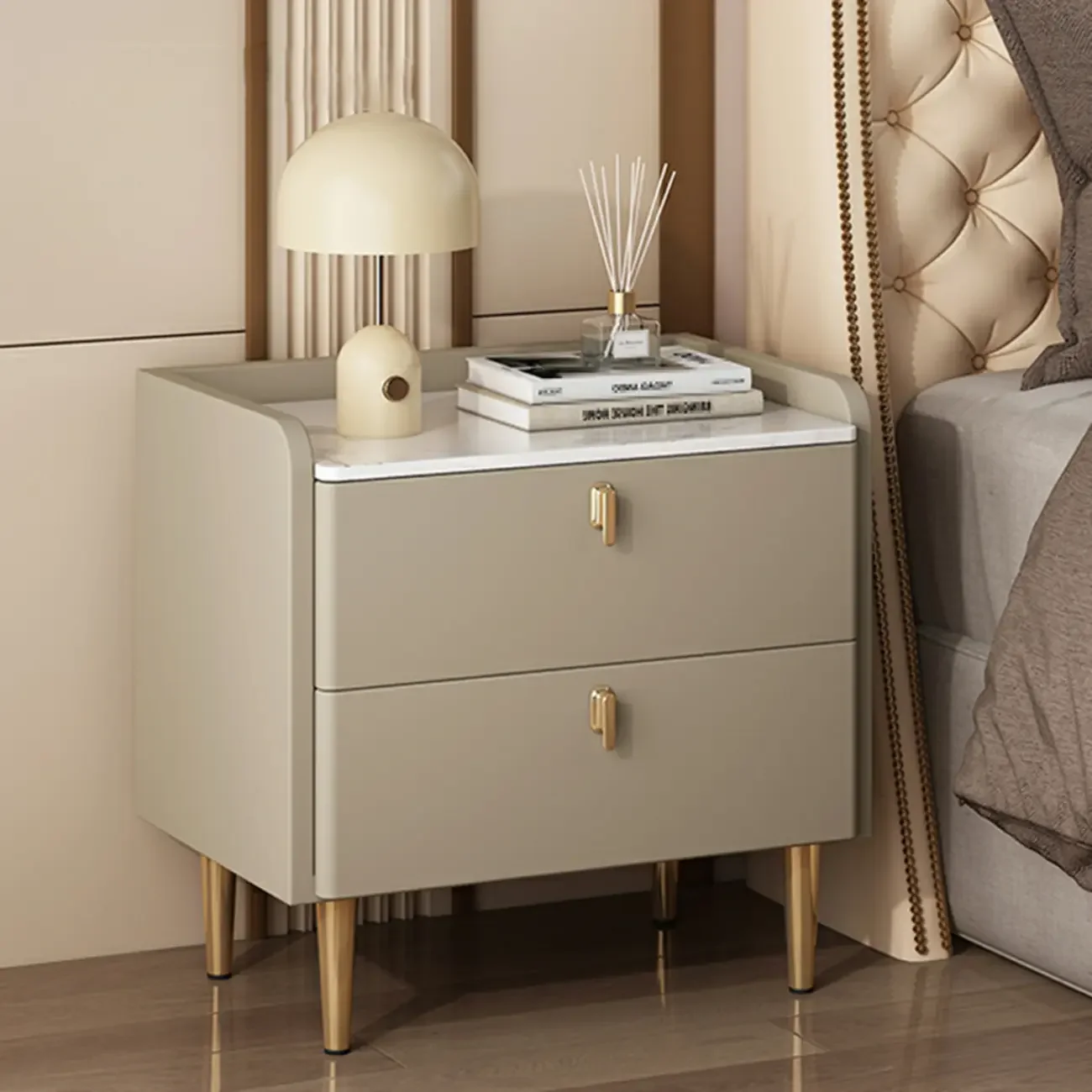 Modern Leather Stone Top Gold Accents 2-Drawer Nightstand