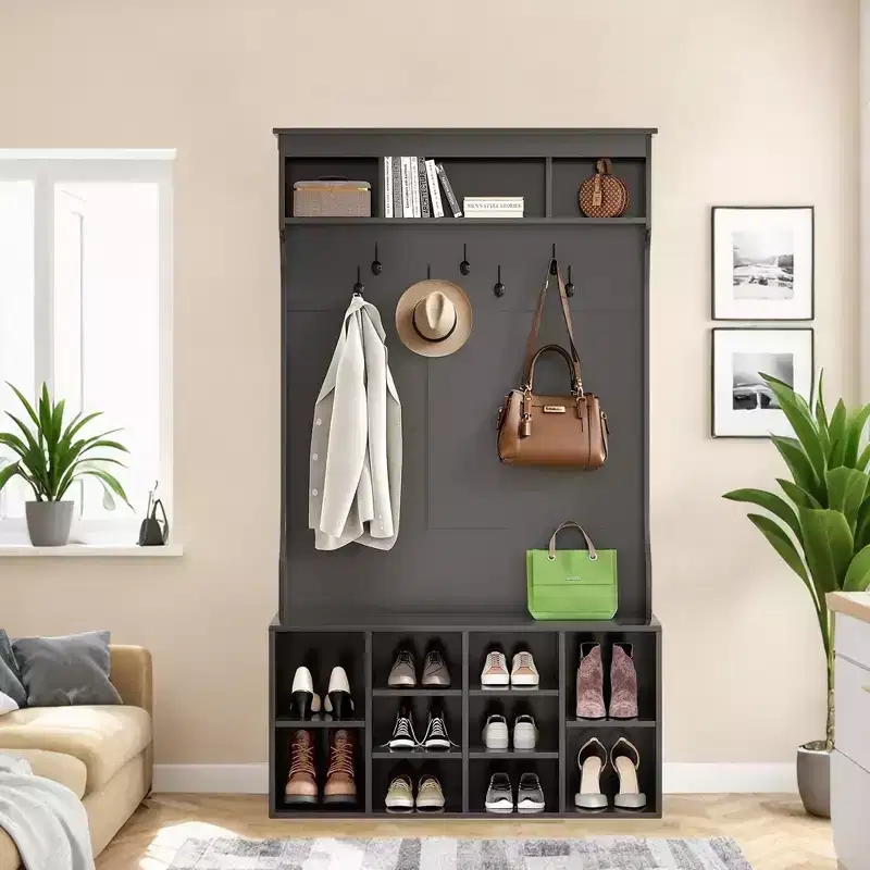 MAYEERTY 71-Inch Black Hall Tree - With Shoe Storage & 7 Hooks, Freestanding Adjustable Bench for Mudroom