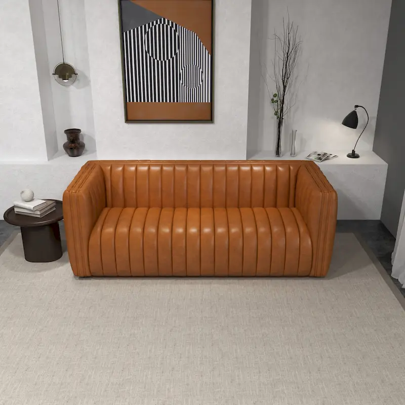 Rasam Mid Century Modern Luxury Tight Back Geniune Leather Couch in Cognac Tan