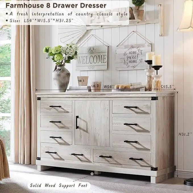 Farmhouse 8 Drawer Dresser, Wood Long Chest of Drawers, Closet Dresser