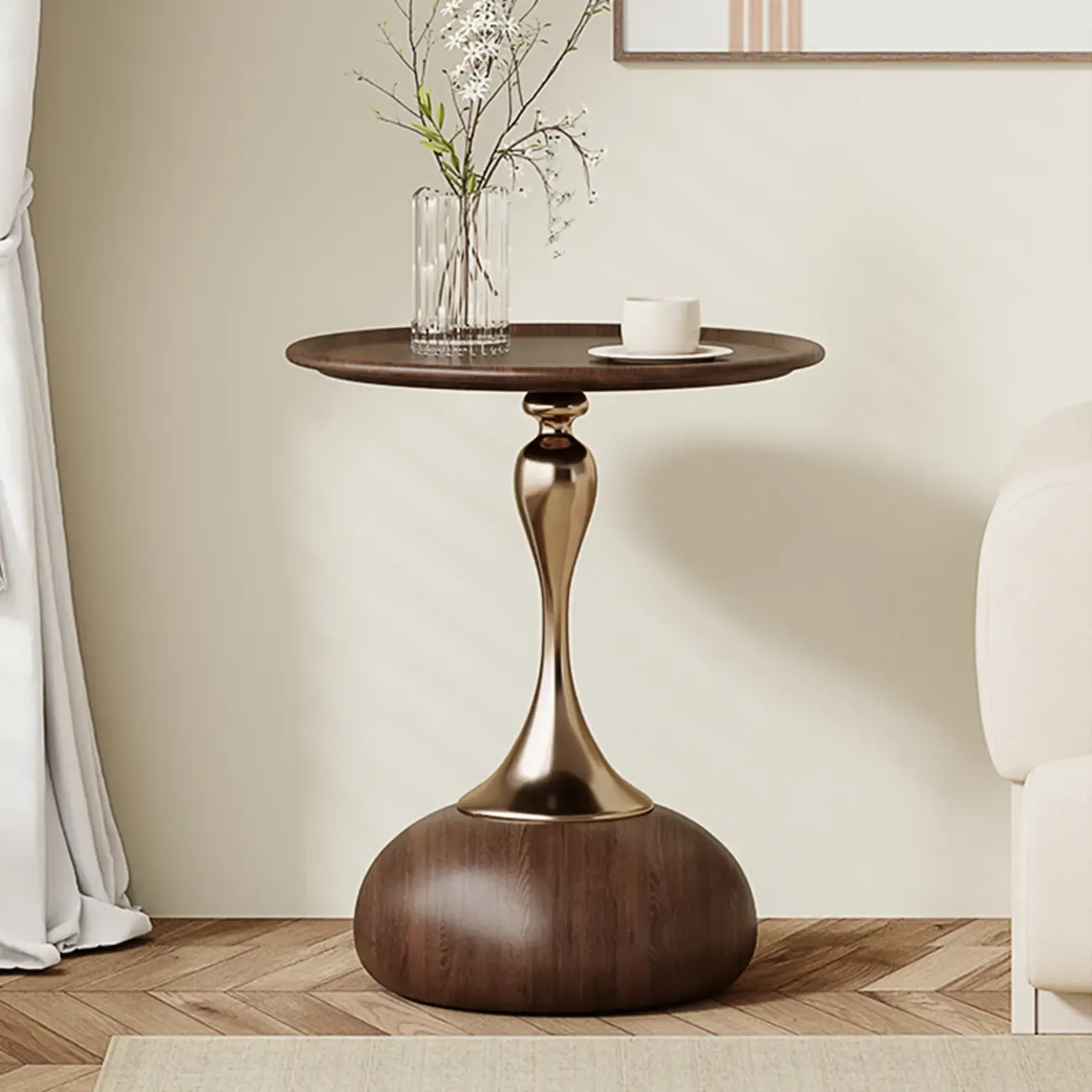 Walnut Steel Round End Table with Abstract Base