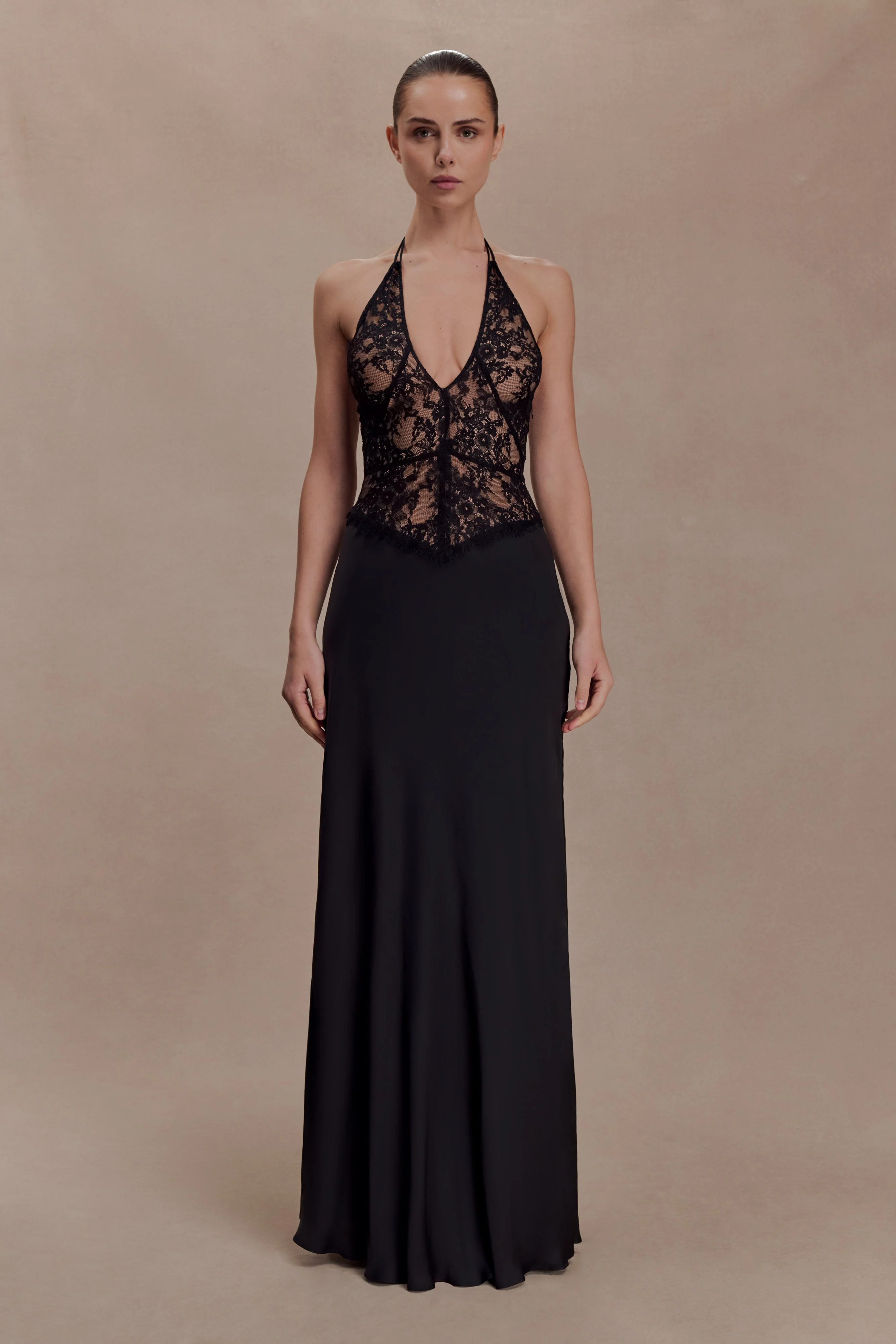 Sascha Lace And Satin Halter Maxi Dress - Black