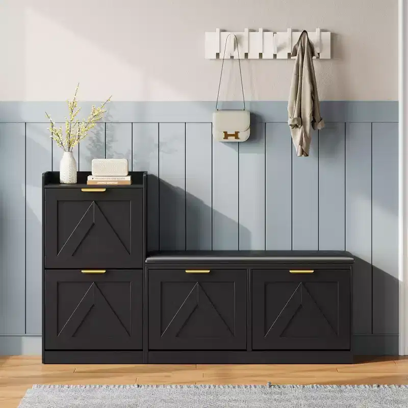 Shoe cabinet with bench, 4 flip-up drawers and open top shelf, wooden storage bench, suitable for entryway or living room, brown.