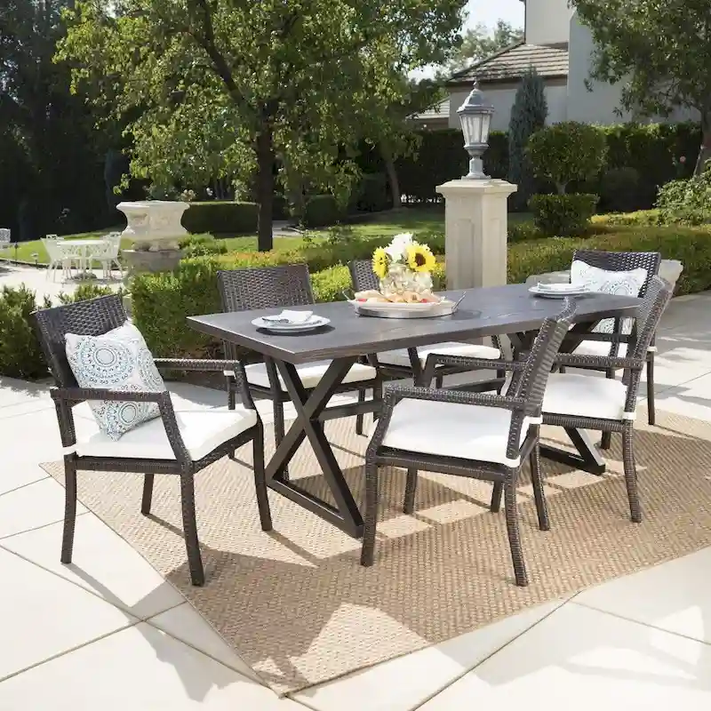 Alani Outdoor 7-piece Rectangular Wicker Aluminum Dining Set with Cushions by Christopher Knight Home - N/A