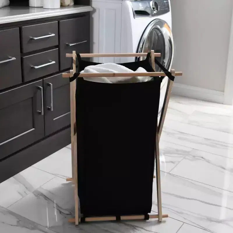 Household Essentials Wood X-Frame Hamper Black: Collapsible Laundry Sorter with Liner, 139.72L Capacity
