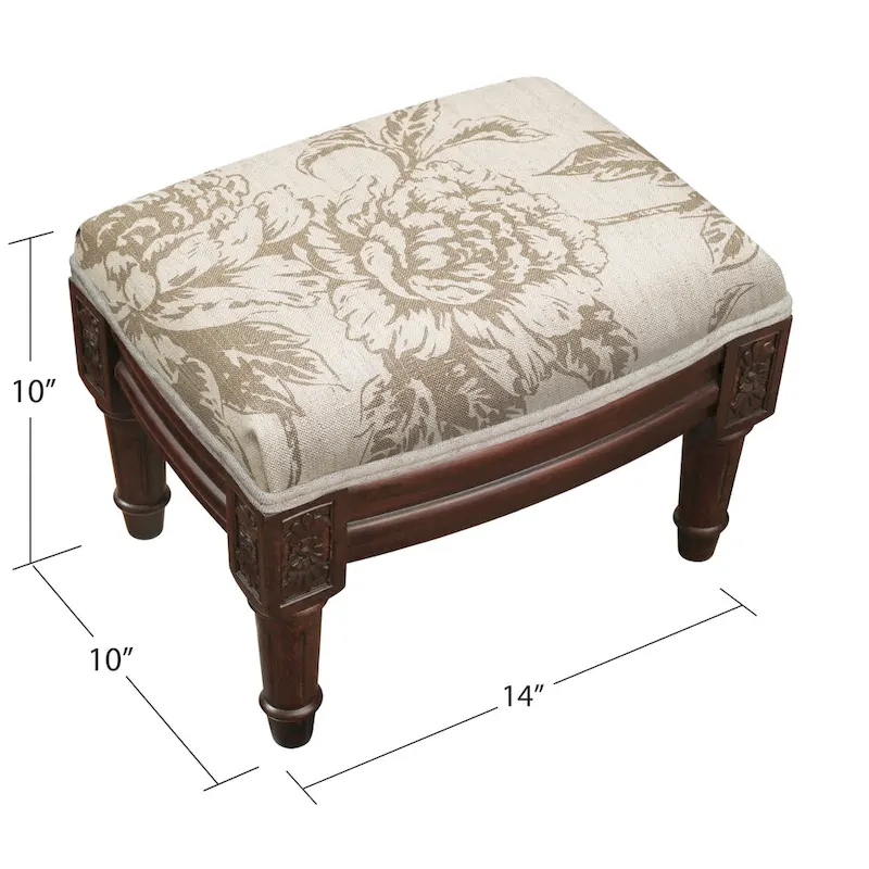 Taupe Floral Printed Linen Footstool, Wood Finish, 1-Seat