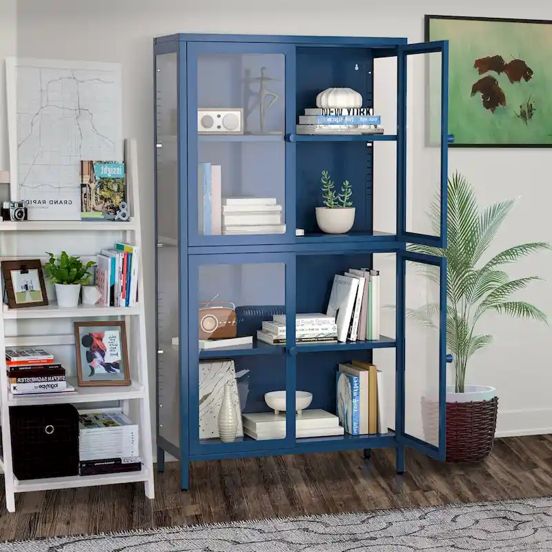 Glass Door Cabinet with Adjustable Shelves for Kitchen Living Room