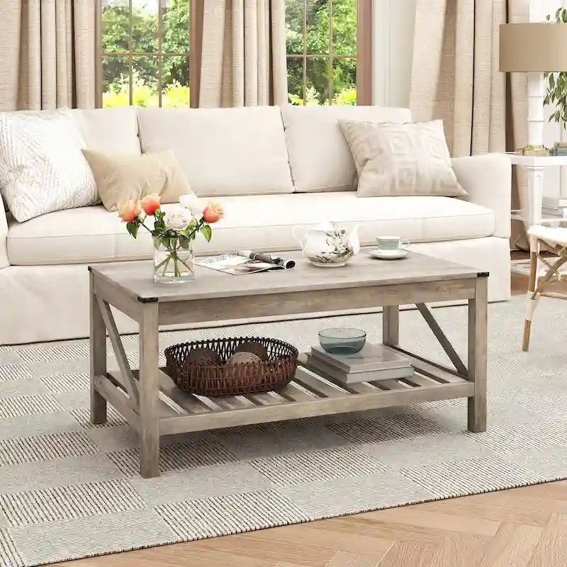 Farmhouse Coffee Table with Storage Shelf – Washed Gray / Black / Brown White, Seats 2–4