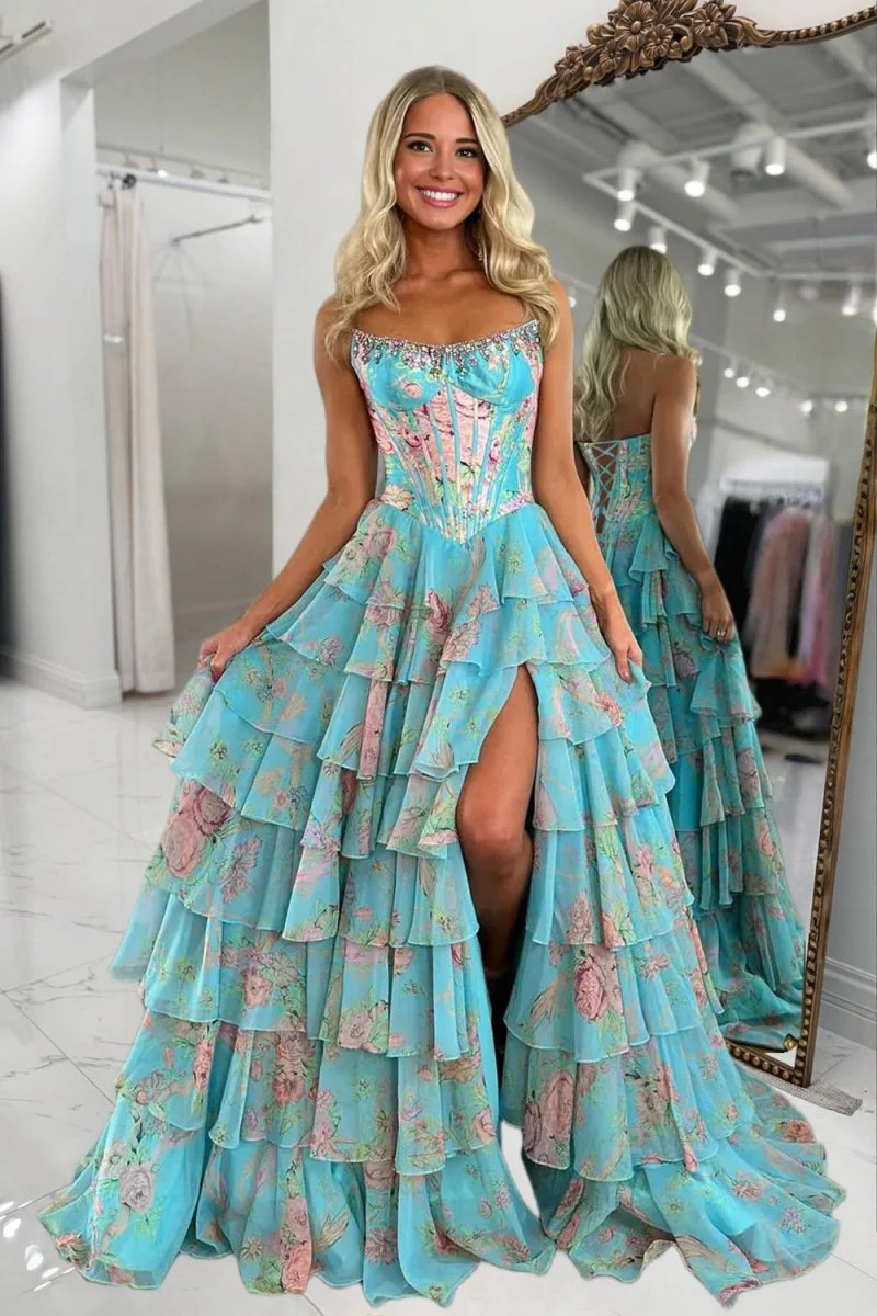 Aqua - Scoop Neck A Line Floral Chiffon Ruffled Prom Dresses With Beading