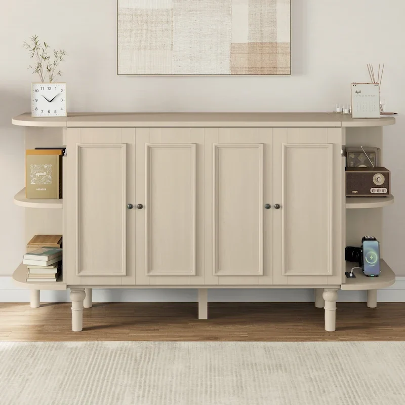 Farmhouse Murphy Bed Foldable Platform Bed Convertible Chest Cube Cabinet Bed with Curved Shelves and Charging Station