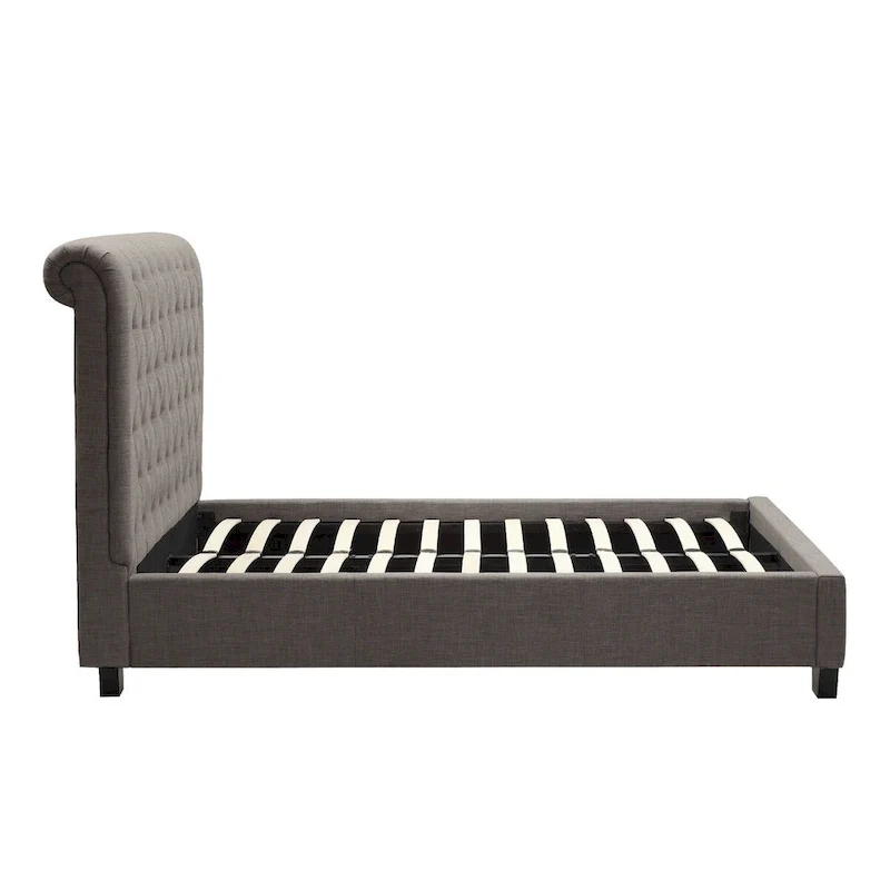 Low Profile Queen Bed, Button Tufted Upholstered Rolled Back, Gray