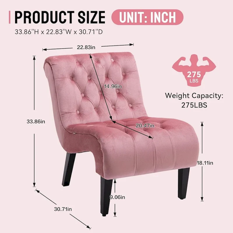 Velvet Armless Accent Chair, Button Tufted Slipper Chair, Side Chair, Lounge Chair