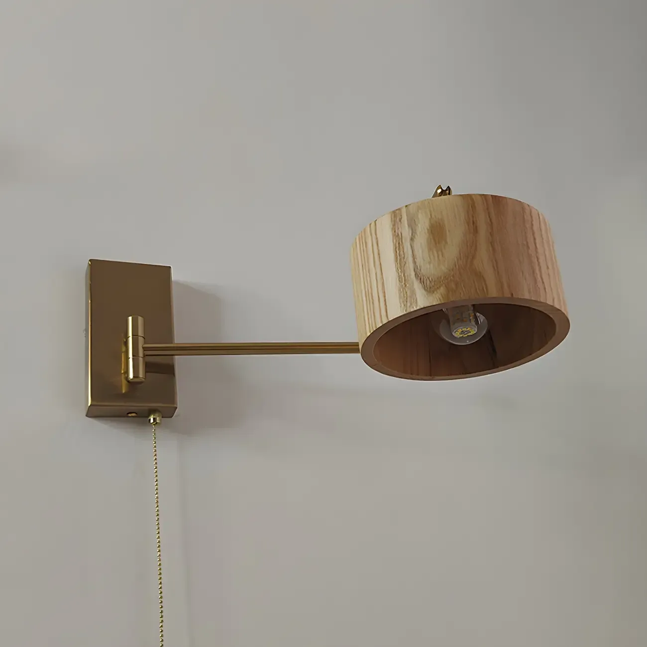 Brown Wood Shade Brass Metal Swing Arm Wall Light