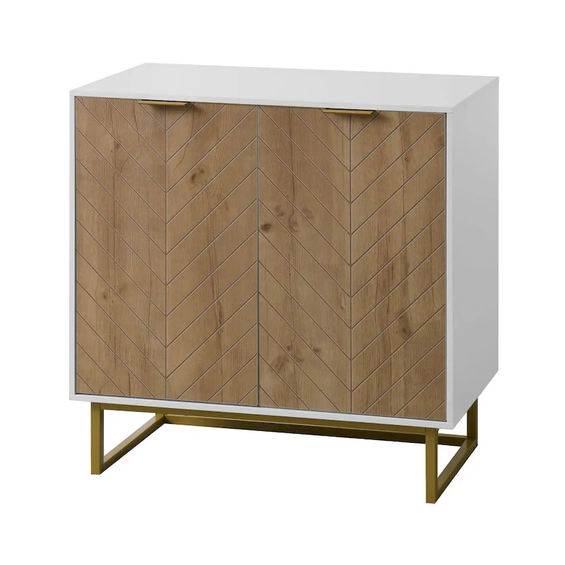 White 2-Door Sideboard Buffet Cabinet — Herringbone Wood, Gold Handles