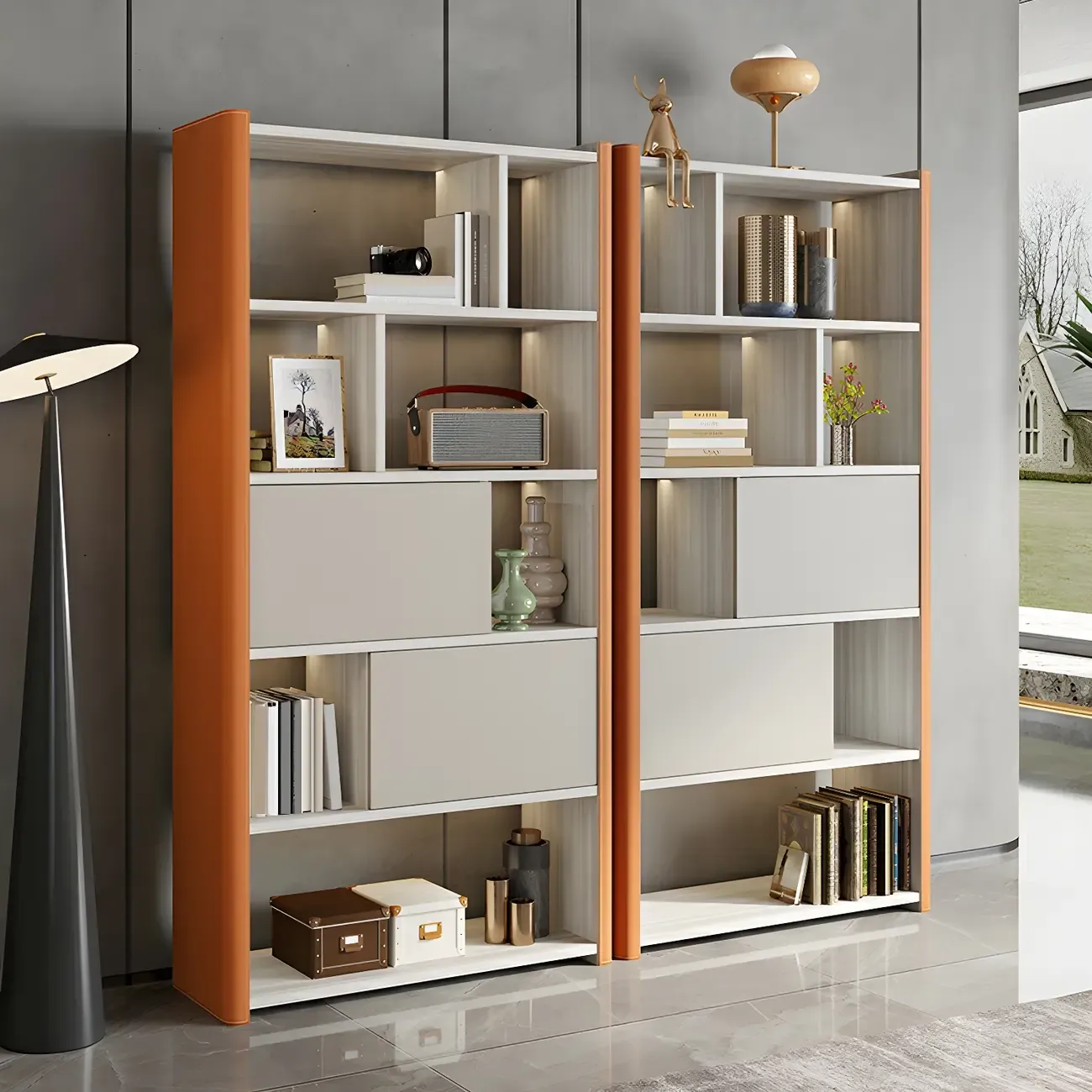 Modern Orange Wooden Multi-shelf Open Display Cabinet