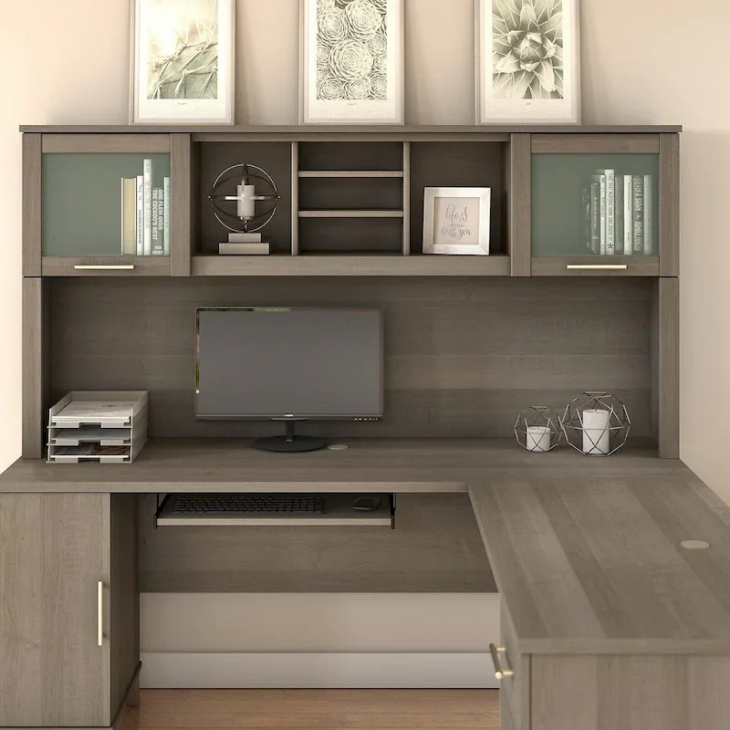 Frosted Glass Door Hutch for L-Shaped Desk — Open Shelves & Concealed Storage, 71