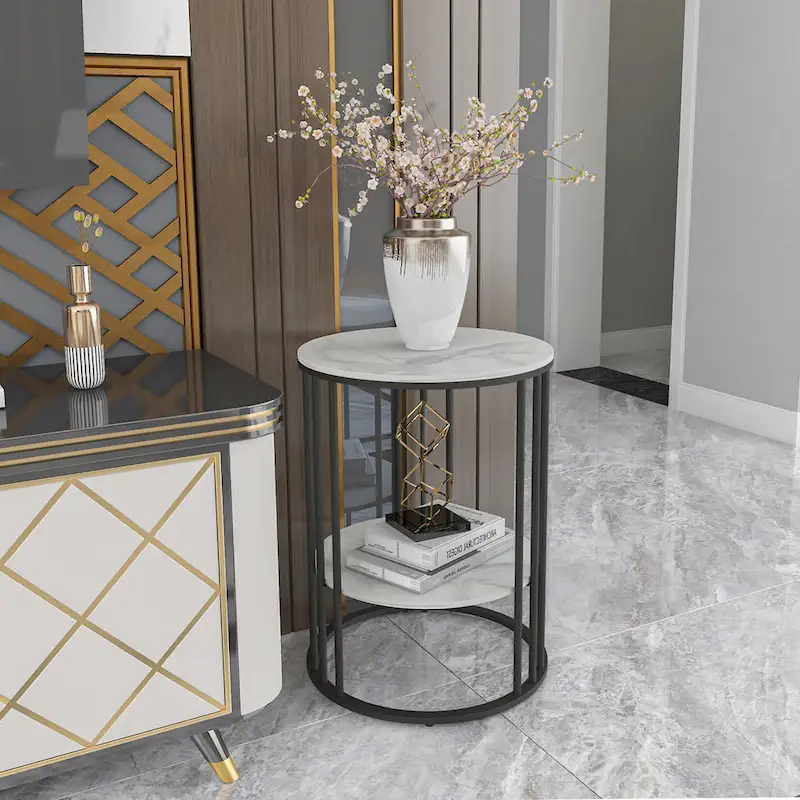 Cold Jadeite / Black / Gold 2-Tier Round Sintered Stone End Table – Single