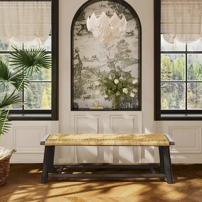 Farmhouse Modern Solid Wood Rattan Bench - 59 Inch Indoor & Covered Outdoor Bench Multi-Functional Design